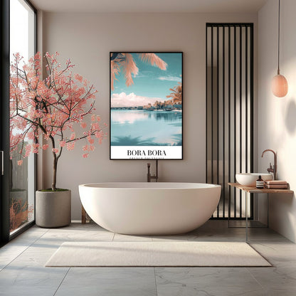 Immerse yourself in the tranquil beauty of Bora Bora with this stunning wall art. Featuring a for Bathroom