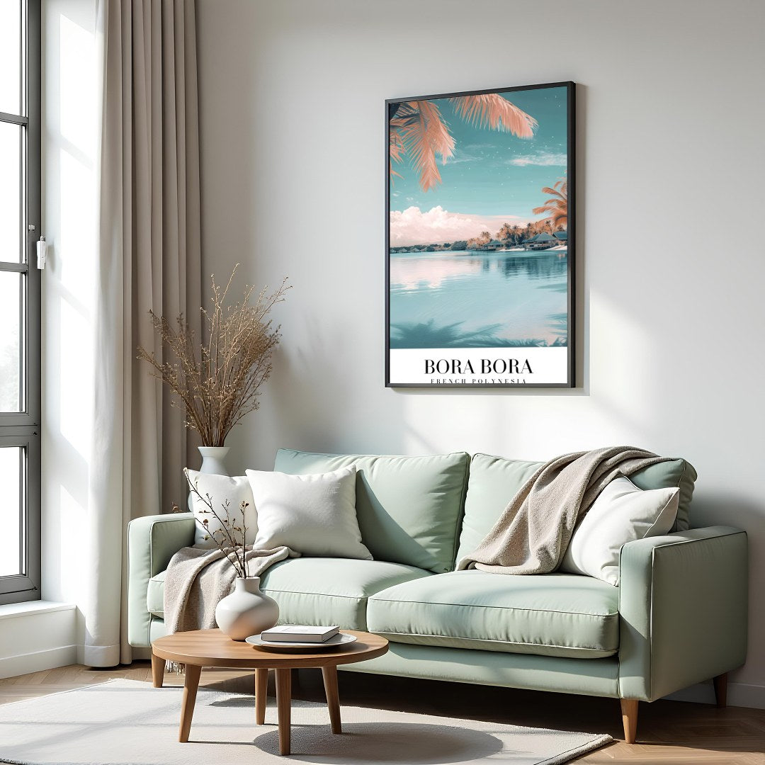 Immerse yourself in the tranquil beauty of Bora Bora with this stunning wall art. Featuring a for Hall