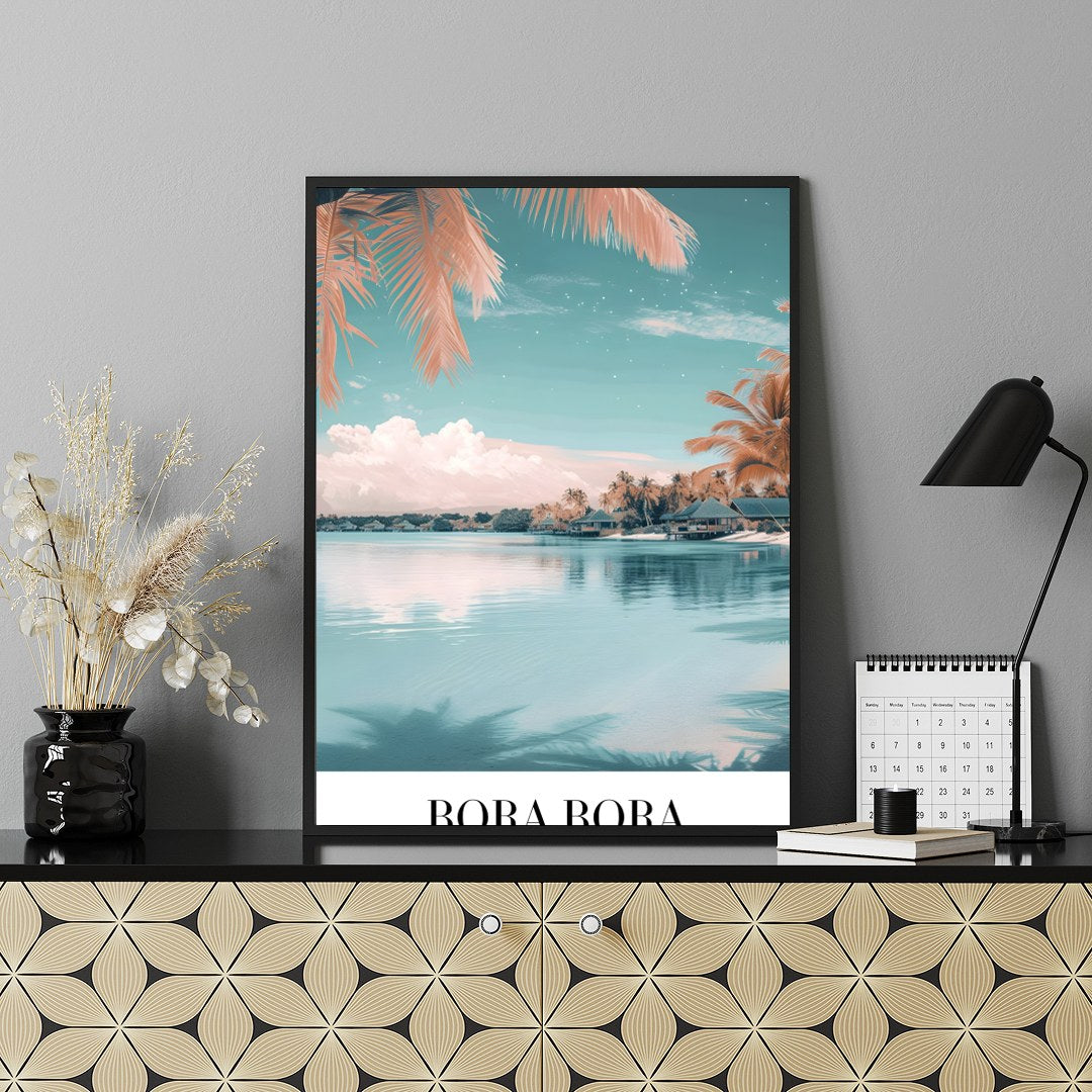 Immerse yourself in the tranquil beauty of Bora Bora with this stunning wall art. Featuring a for Shelf
