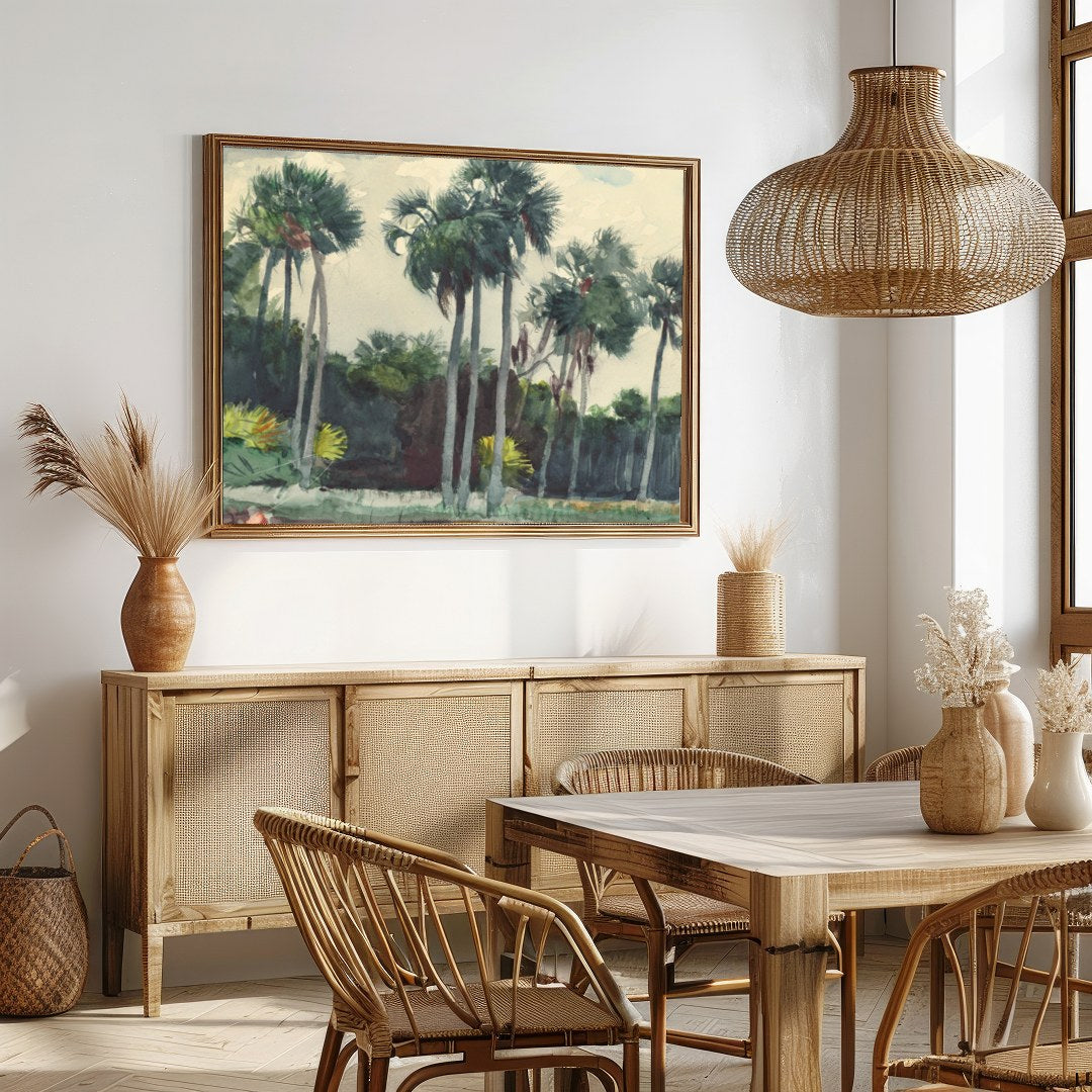Immerse yourself in the tranquil allure of this watercolor masterpiece, capturing a serene grove of for Dining