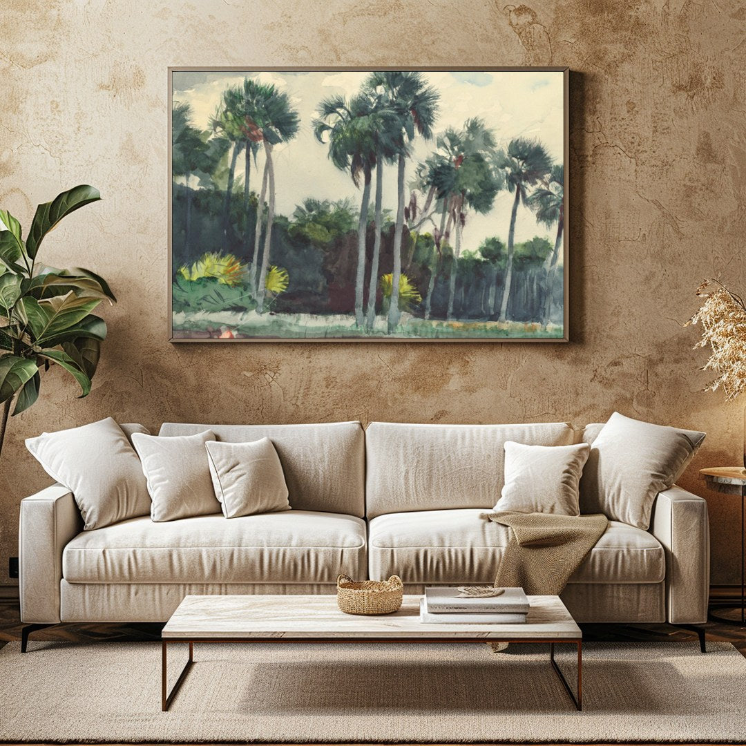 Immerse yourself in the tranquil allure of this watercolor masterpiece, capturing a serene grove of for Family Room