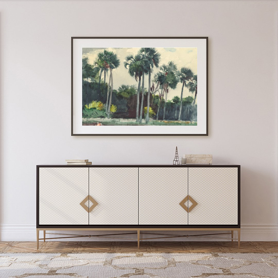 Immerse yourself in the tranquil allure of this watercolor masterpiece, capturing a serene grove of for Foyer
