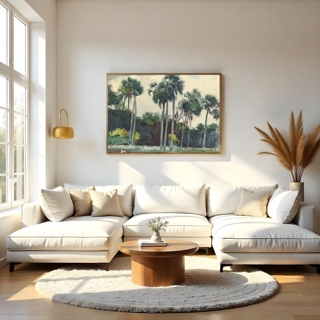 Immerse yourself in the tranquil allure of this watercolor masterpiece, capturing a serene grove of for Living Room