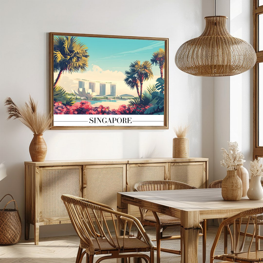 Immerse yourself in the vibrant elegance of a tropical cityscape with this captivating artwork. for Dining