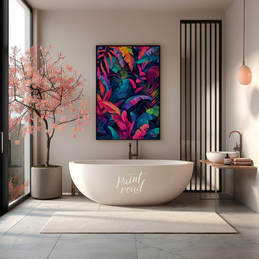 "Tropical Spectrum" presents a vibrant illustration of lush tropical foliage, rendered in a strikin… for bathroom