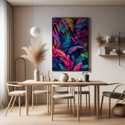 "Tropical Spectrum" presents a vibrant illustration of lush tropical foliage, rendered in a strikin… for dining room