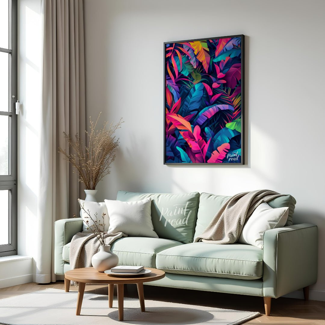 "Tropical Spectrum" presents a vibrant illustration of lush tropical foliage, rendered in a strikin… for living room