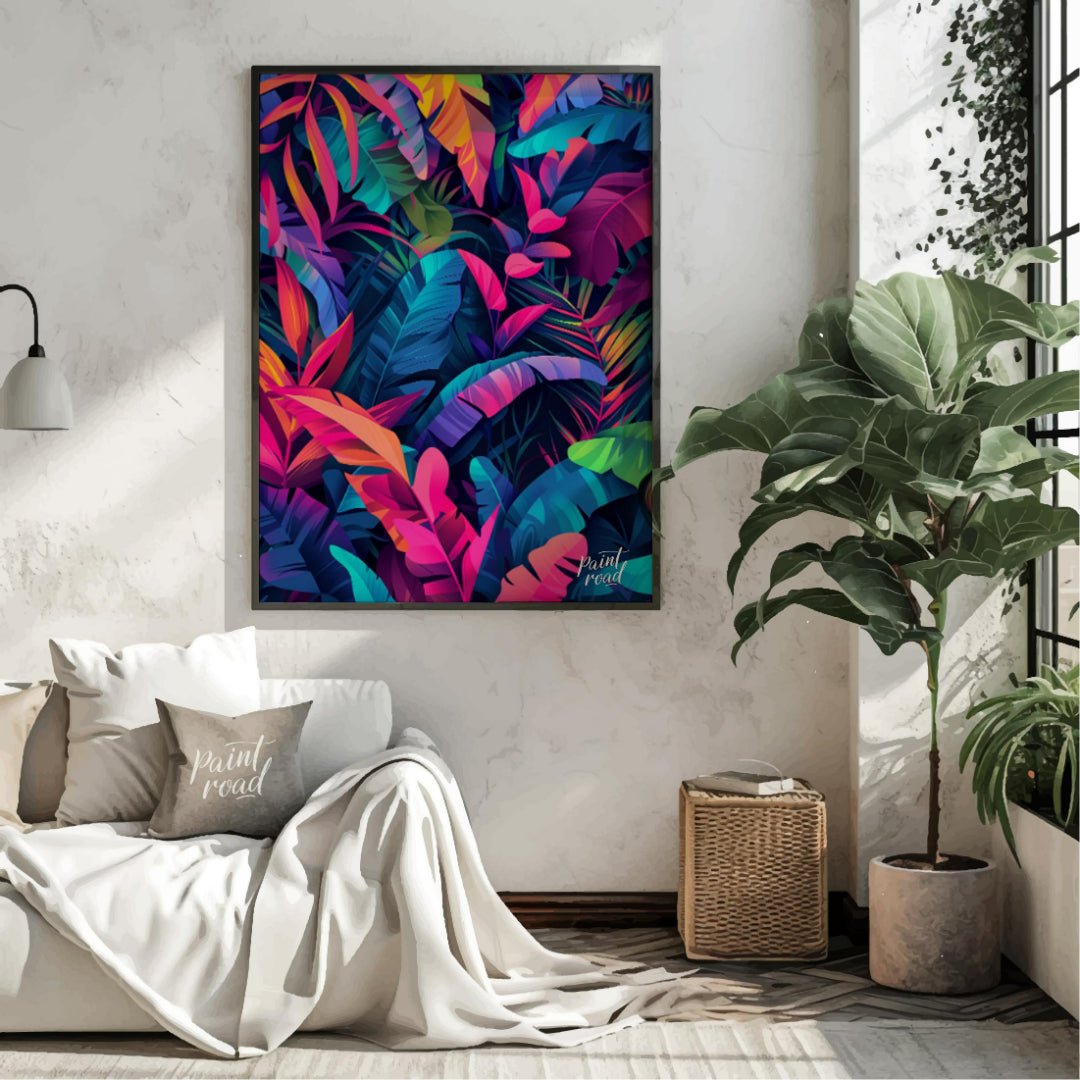 "Tropical Spectrum" presents a vibrant illustration of lush tropical foliage, rendered in a strikin… for living room