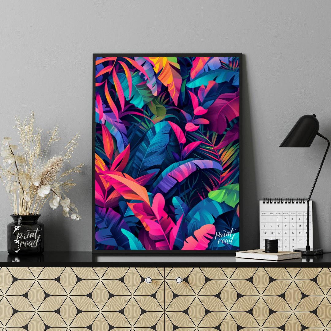 "Tropical Spectrum" presents a vibrant illustration of lush tropical foliage, rendered in a strikin… for office