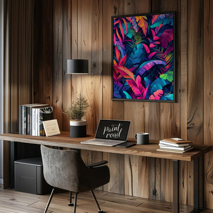 "Tropical Spectrum" presents a vibrant illustration of lush tropical foliage, rendered in a strikin… for office