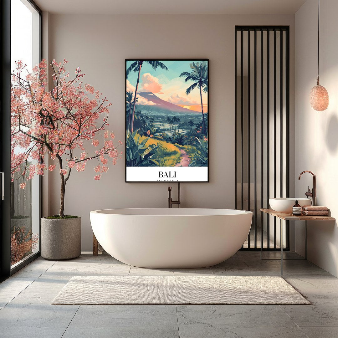 Embrace the lush allure of Bali with this stunning artwork, capturing verdant landscapes and serene for Bathroom