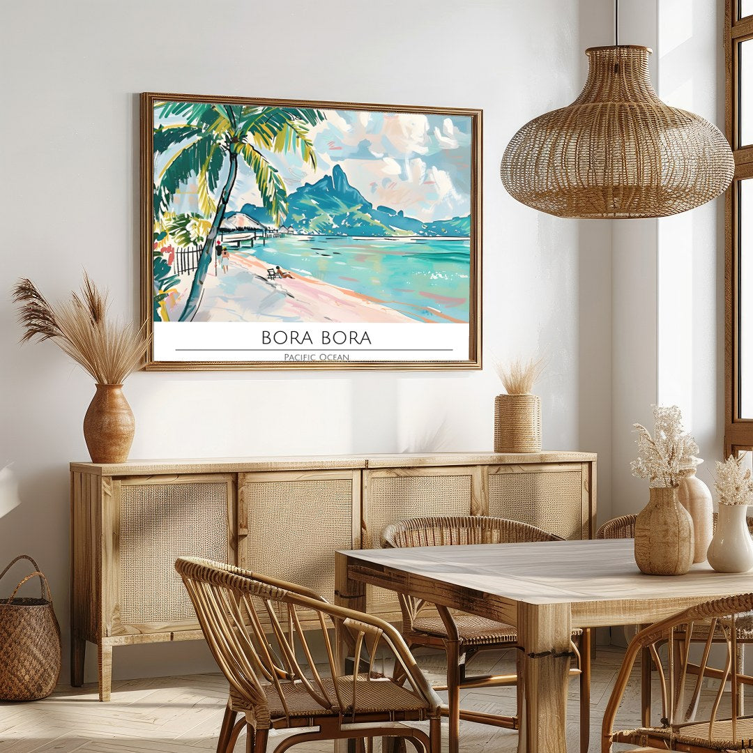 Immerse yourself in the serene beauty of Bora Bora with this stunning wall art. Featuring vibrant for Dining