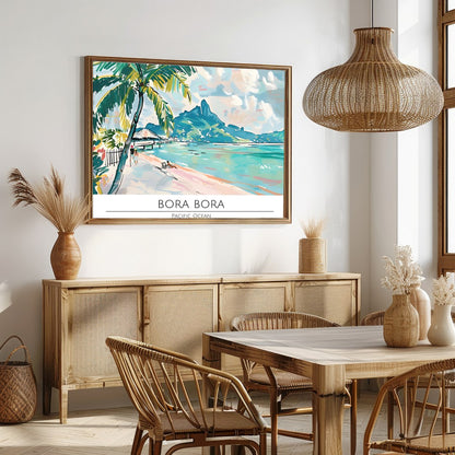 Immerse yourself in the serene beauty of Bora Bora with this stunning wall art. Featuring vibrant for Dining