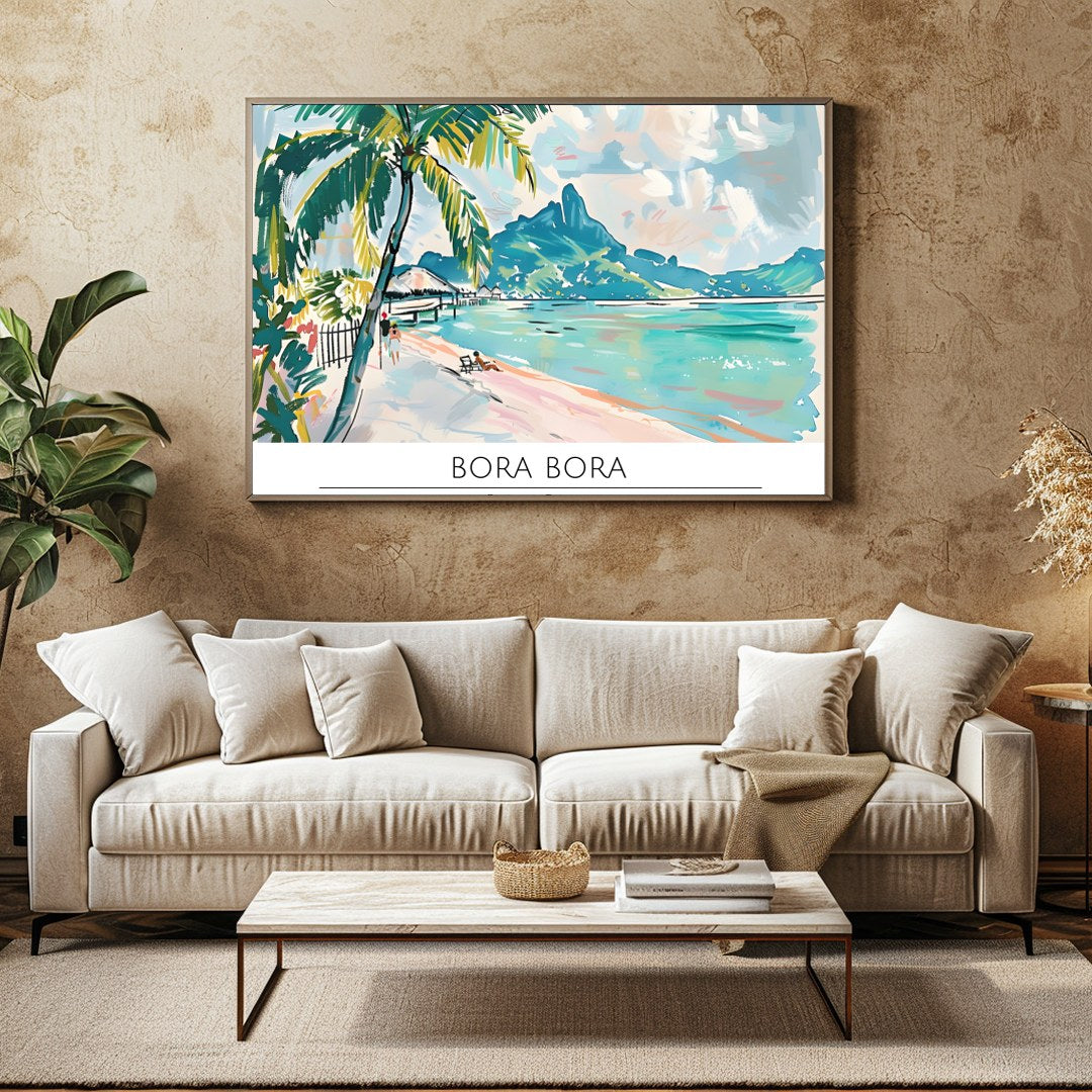Immerse yourself in the serene beauty of Bora Bora with this stunning wall art. Featuring vibrant for Family Room
