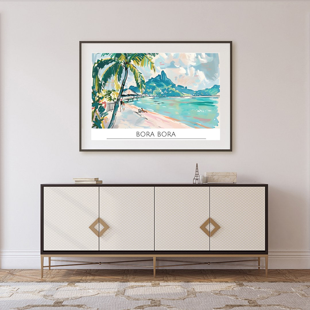 Immerse yourself in the serene beauty of Bora Bora with this stunning wall art. Featuring vibrant for Foyer