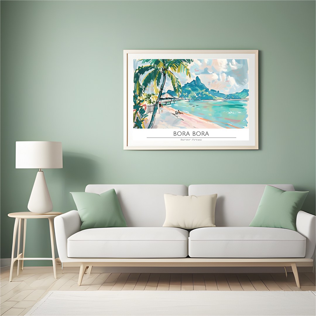 Immerse yourself in the serene beauty of Bora Bora with this stunning wall art. Featuring vibrant for Hall