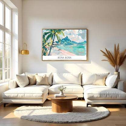 Immerse yourself in the serene beauty of Bora Bora with this stunning wall art. Featuring vibrant for Living Room