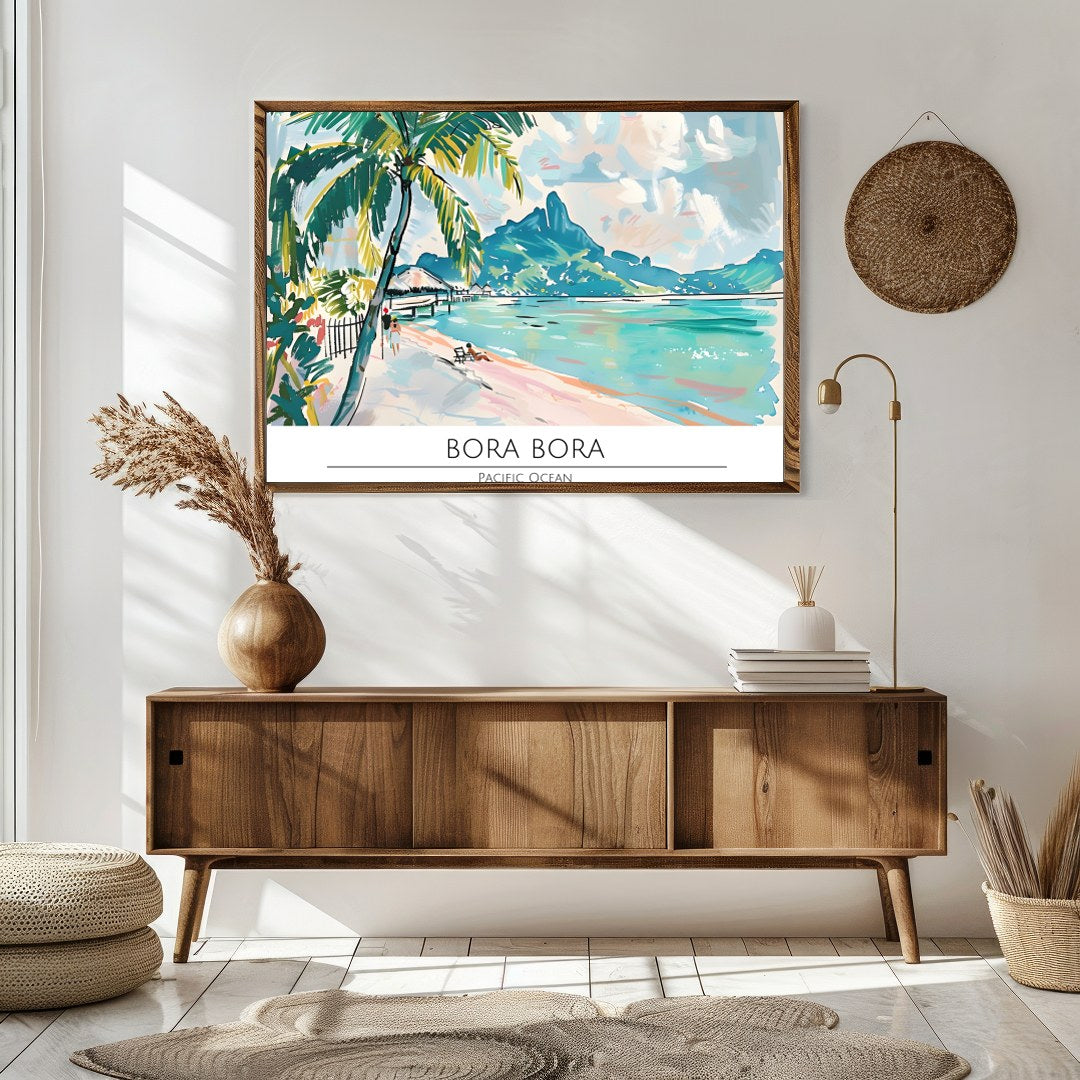 Immerse yourself in the serene beauty of Bora Bora with this stunning wall art. Featuring vibrant for Sitting Area