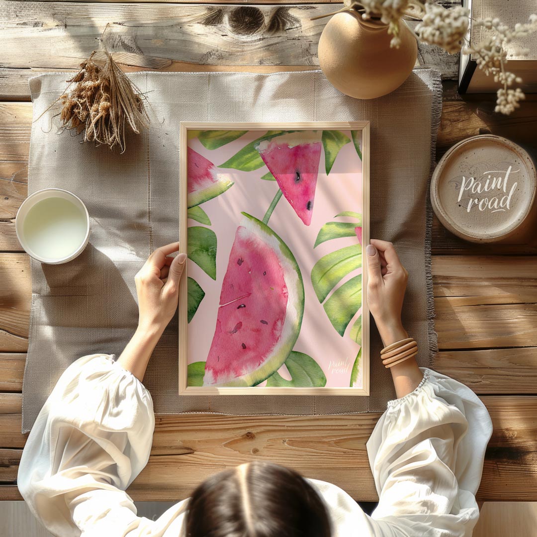 This refreshing and vibrant poster showcases a lush, repeating pattern of watermelon slices and tro… for dining room