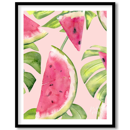 This refreshing and vibrant poster showcases a lush, repeating pattern of watermelon slices and tro… for house