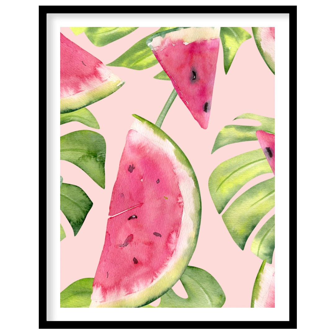 This refreshing and vibrant poster showcases a lush, repeating pattern of watermelon slices and tro… for house