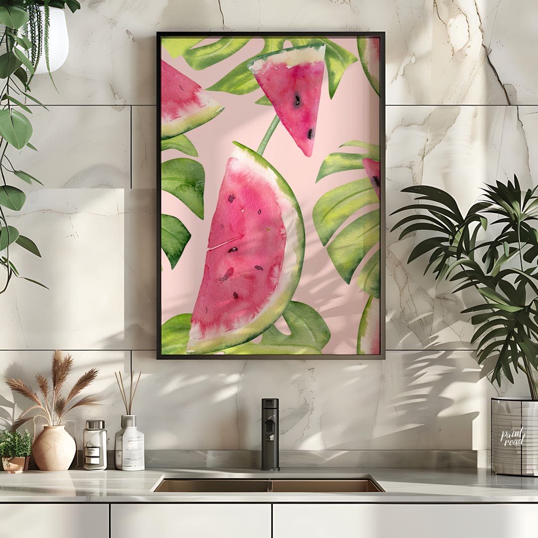 This refreshing and vibrant poster showcases a lush, repeating pattern of watermelon slices and tro… for kitchen