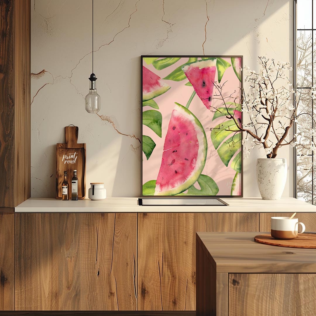 This refreshing and vibrant poster showcases a lush, repeating pattern of watermelon slices and tro… for kitchen