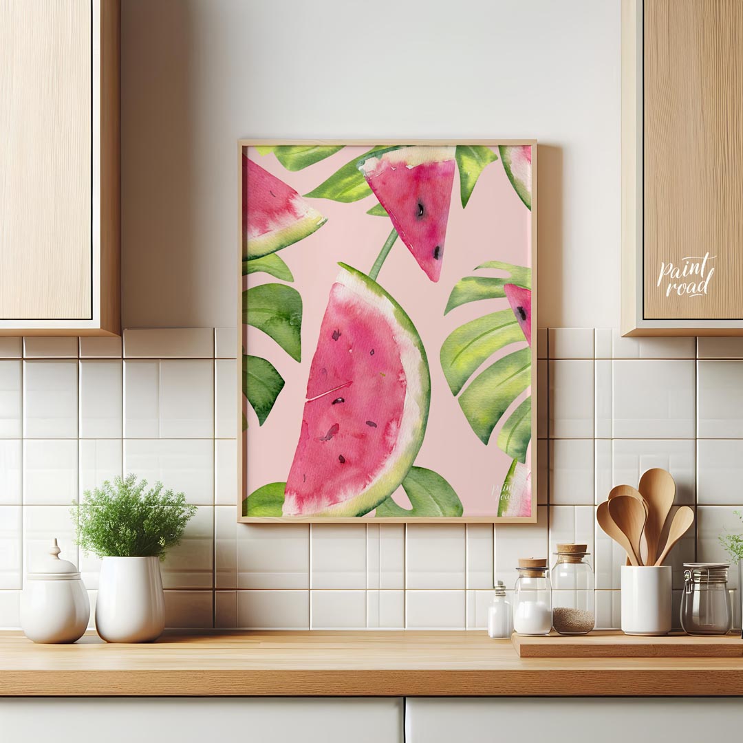 This refreshing and vibrant poster showcases a lush, repeating pattern of watermelon slices and tro… for kitchen