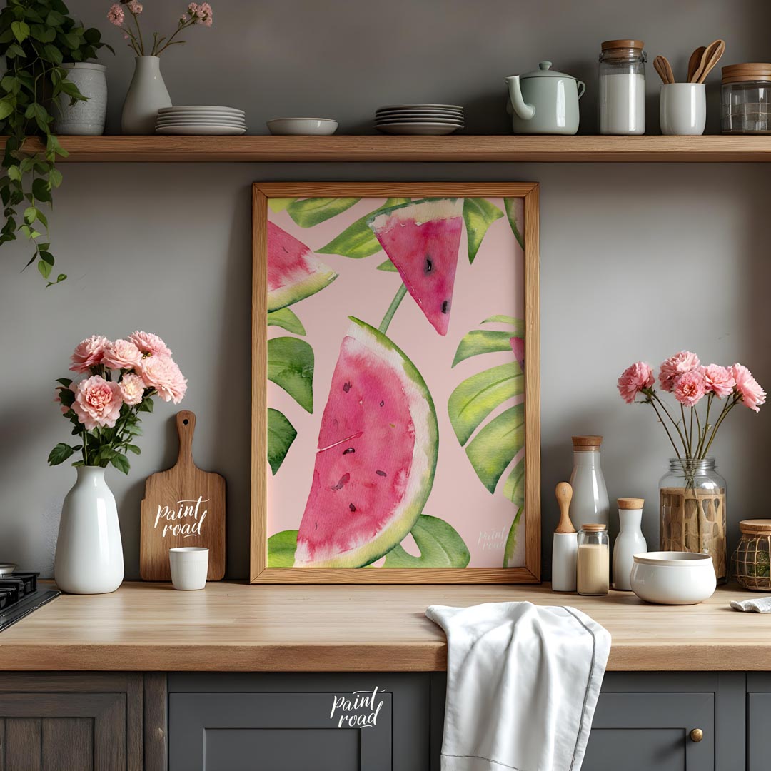This refreshing and vibrant poster showcases a lush, repeating pattern of watermelon slices and tro… for kitchen
