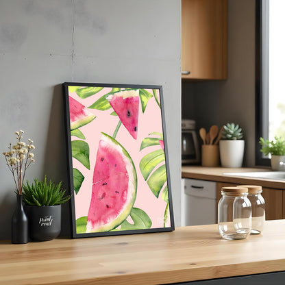 This refreshing and vibrant poster showcases a lush, repeating pattern of watermelon slices and tro… for kitchen
