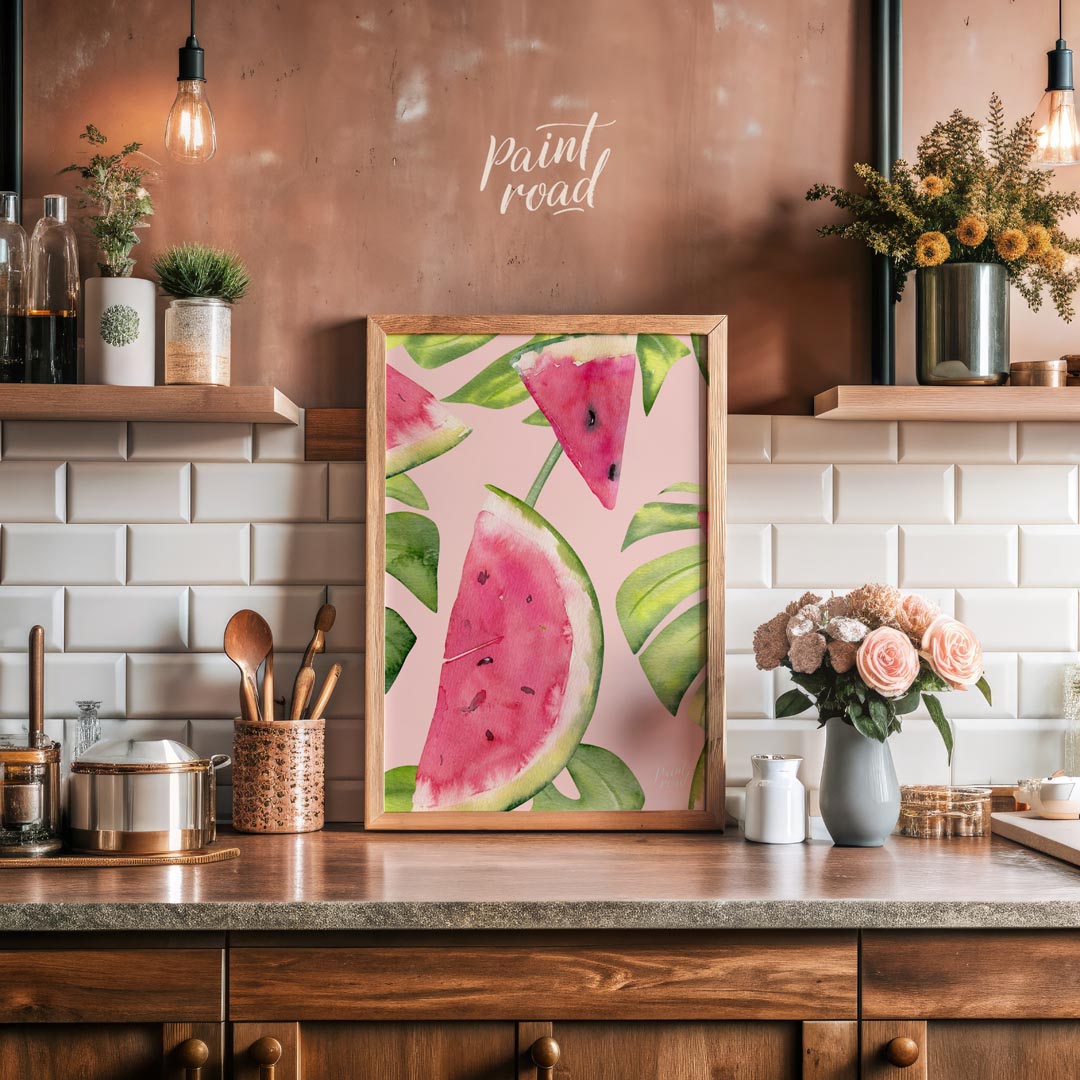 This refreshing and vibrant poster showcases a lush, repeating pattern of watermelon slices and tro… for kitchen
