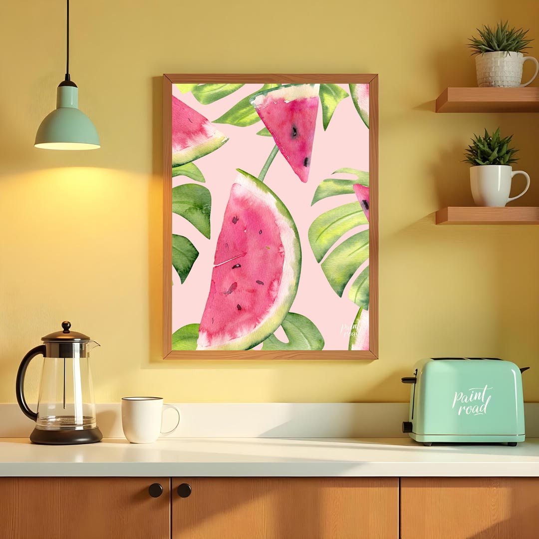 This refreshing and vibrant poster showcases a lush, repeating pattern of watermelon slices and tro… for kitchen