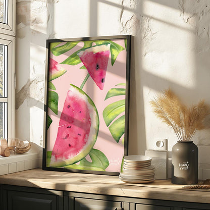 This refreshing and vibrant poster showcases a lush, repeating pattern of watermelon slices and tro… for kitchen
