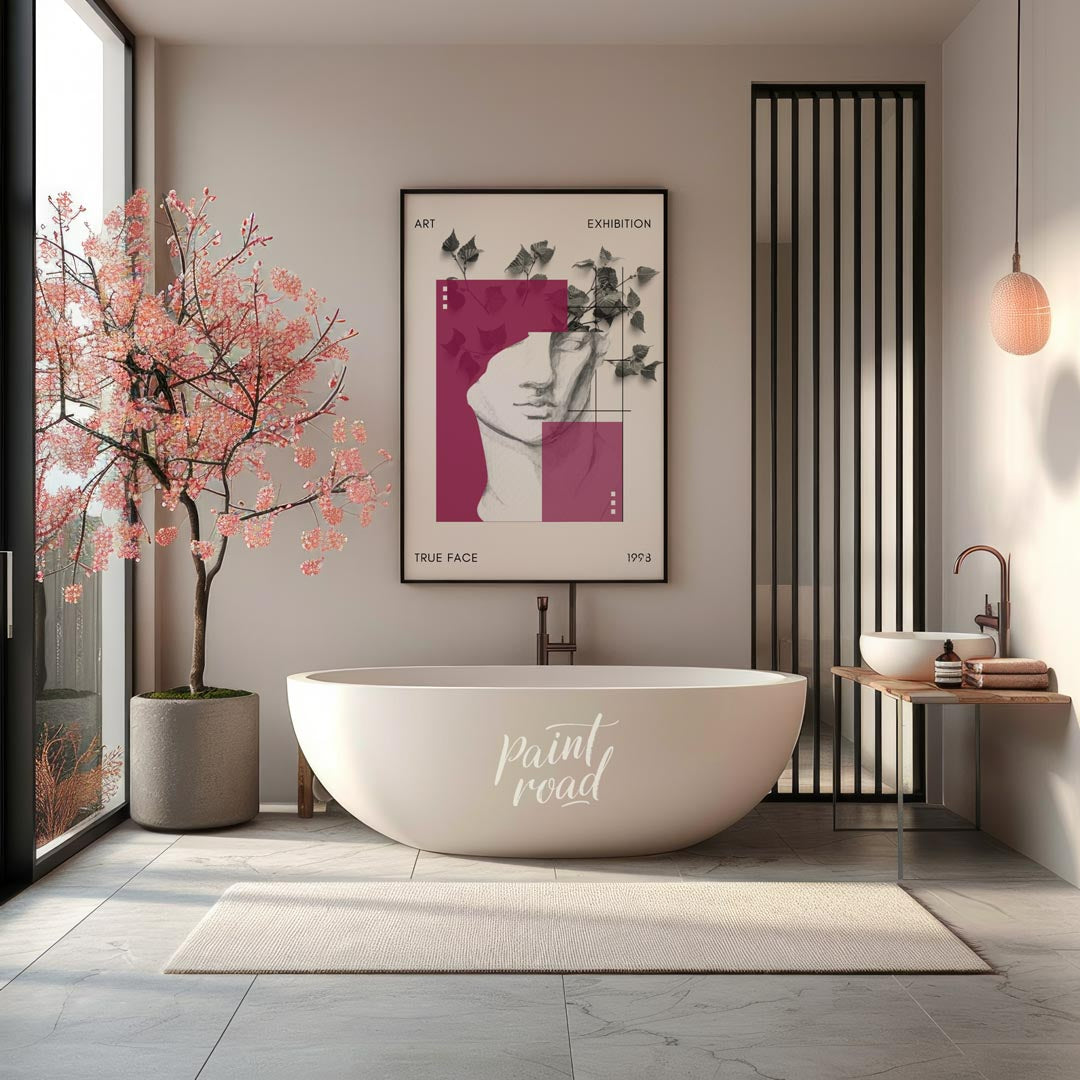This sophisticated art print presents a striking and layered design, resembling a contemporary art … for bathroom