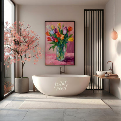 This vibrant artwork features a bouquet of colorful tulips arranged in a clear glass vase. The tuli… for bathroom
