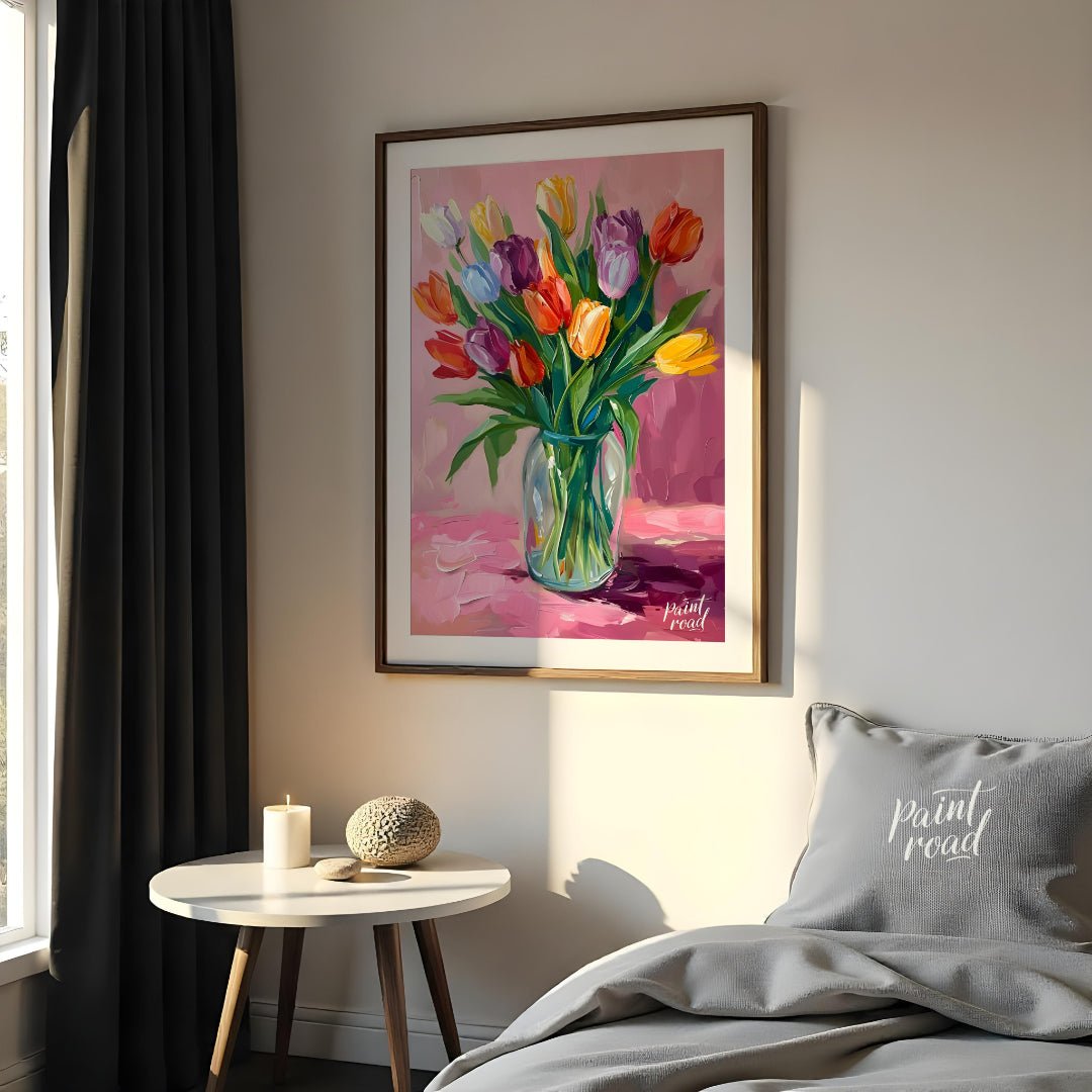 This vibrant artwork features a bouquet of colorful tulips arranged in a clear glass vase. The tuli… for bedroom
