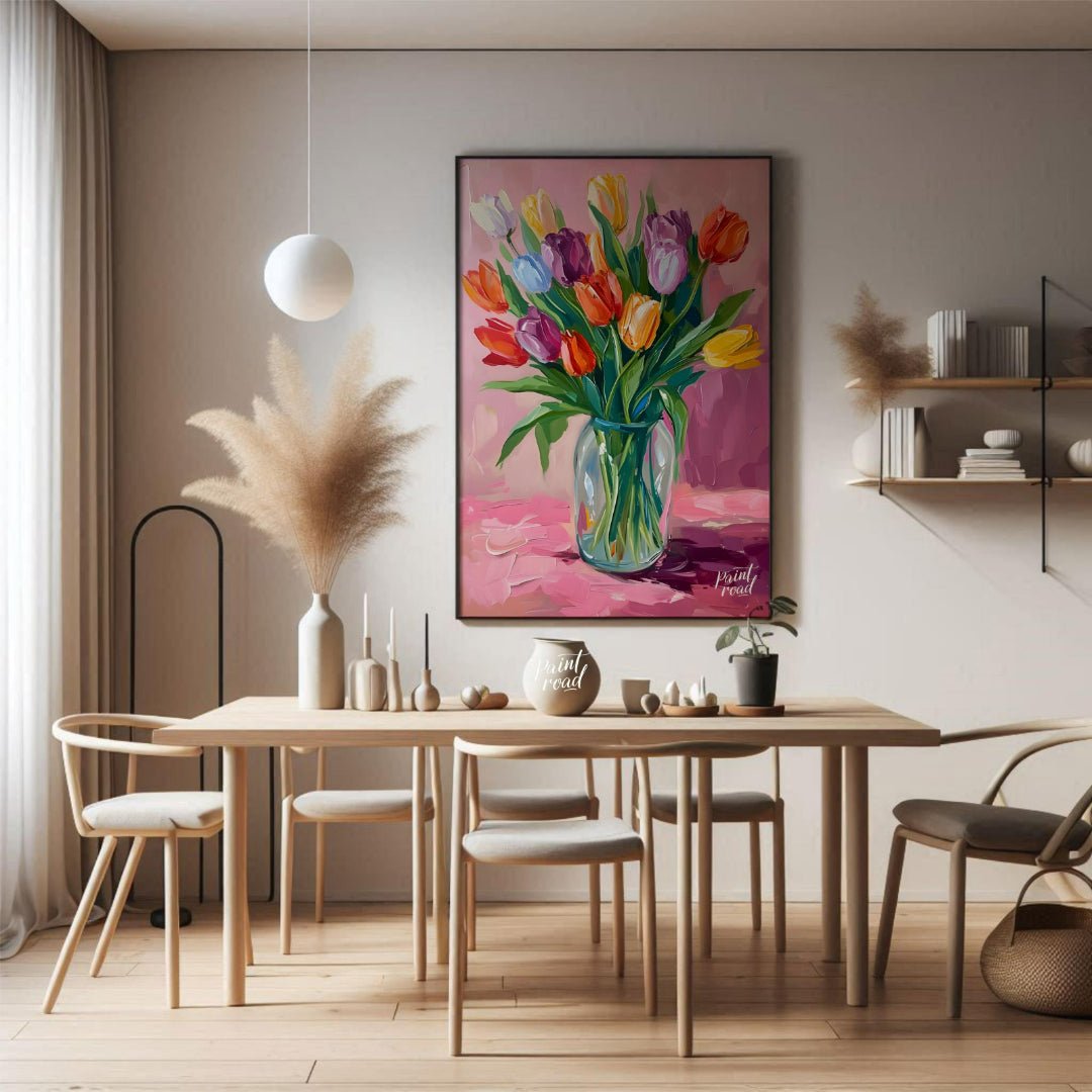 This vibrant artwork features a bouquet of colorful tulips arranged in a clear glass vase. The tuli… for dining room