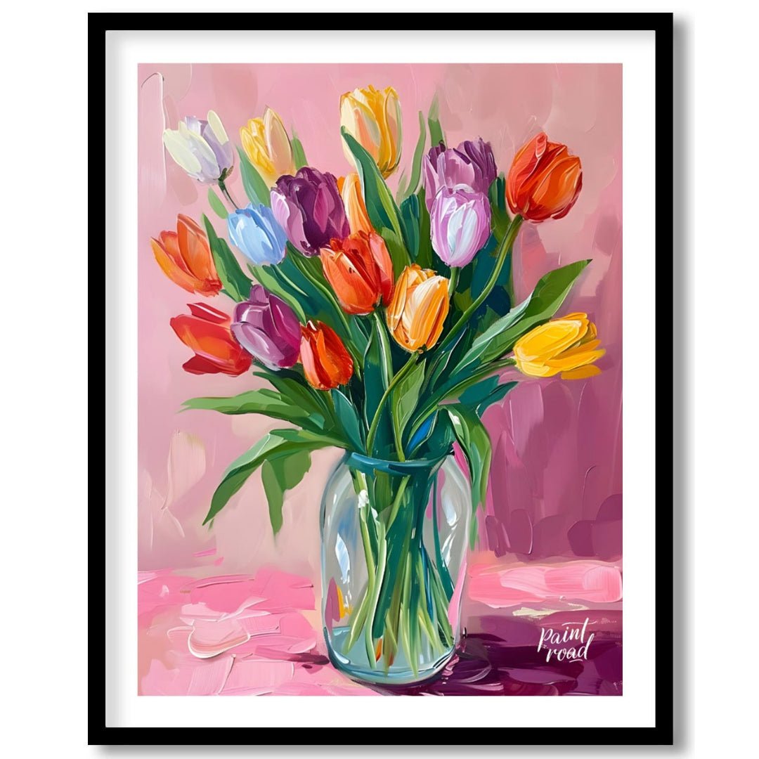 This vibrant artwork features a bouquet of colorful tulips arranged in a clear glass vase. The tuli… for house