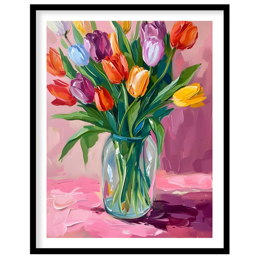 This vibrant artwork features a bouquet of colorful tulips arranged in a clear glass vase. The tuli… for house