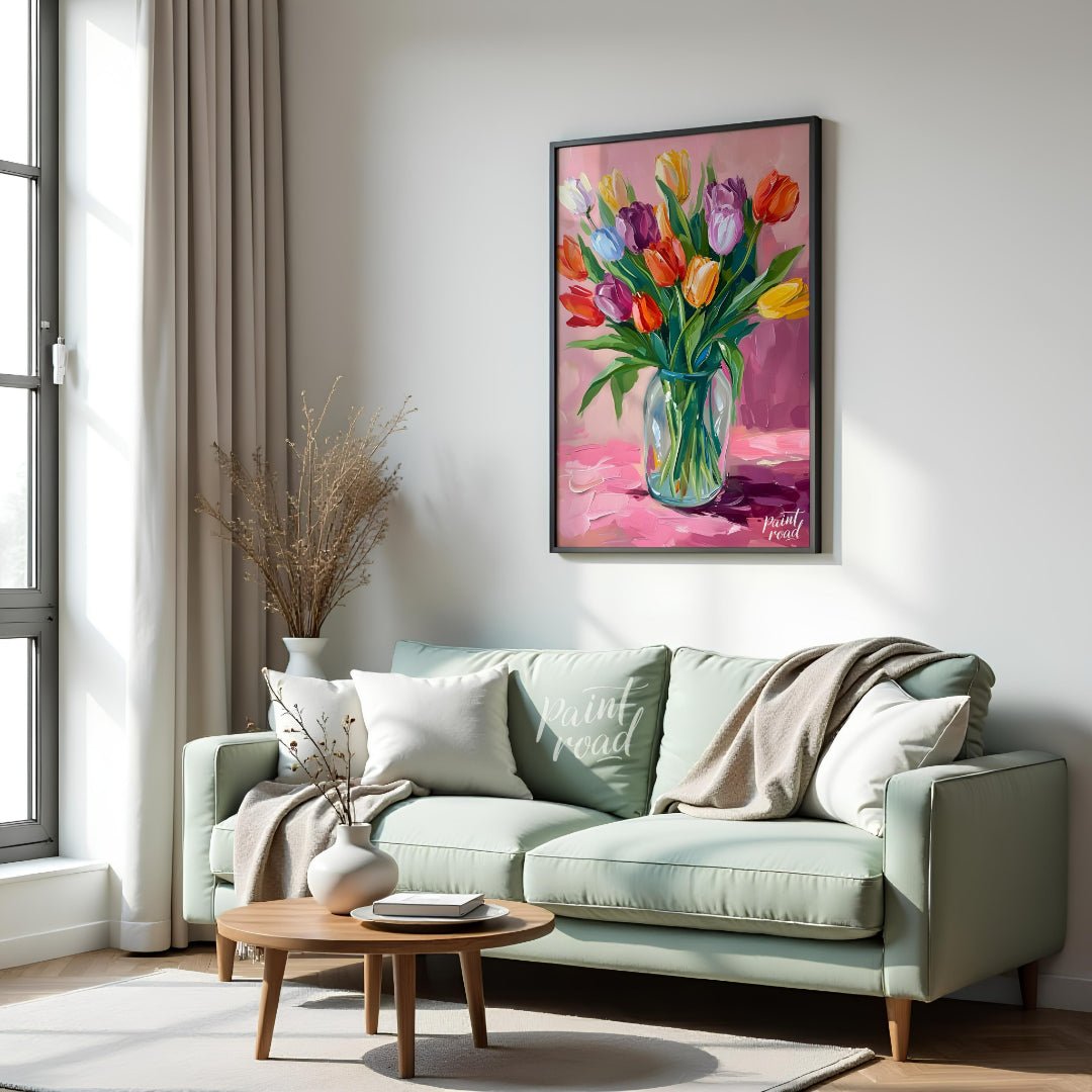 This vibrant artwork features a bouquet of colorful tulips arranged in a clear glass vase. The tuli… for living room