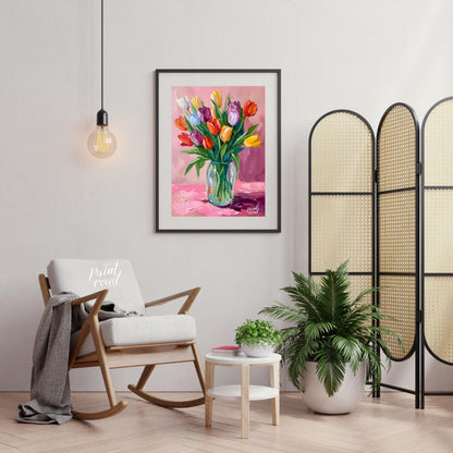 This vibrant artwork features a bouquet of colorful tulips arranged in a clear glass vase. The tuli… for living room