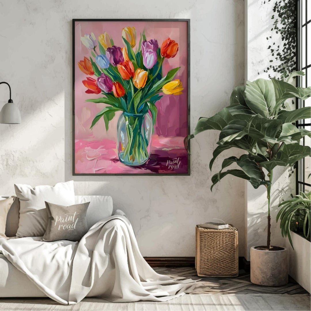 This vibrant artwork features a bouquet of colorful tulips arranged in a clear glass vase. The tuli… for living room