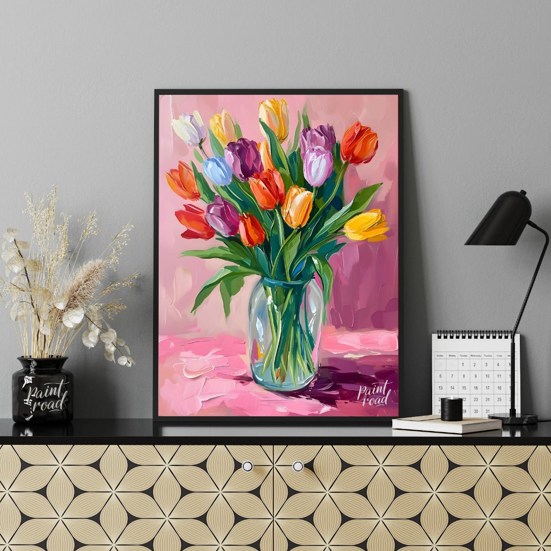This vibrant artwork features a bouquet of colorful tulips arranged in a clear glass vase. The tuli… for office