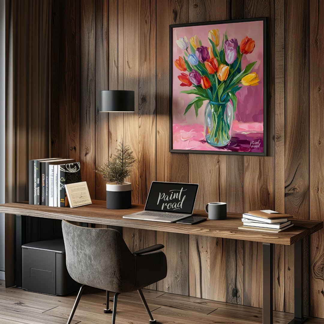 This vibrant artwork features a bouquet of colorful tulips arranged in a clear glass vase. The tuli… for office