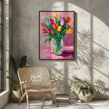 This vibrant artwork features a bouquet of colorful tulips arranged in a clear glass vase. The tuli… for other