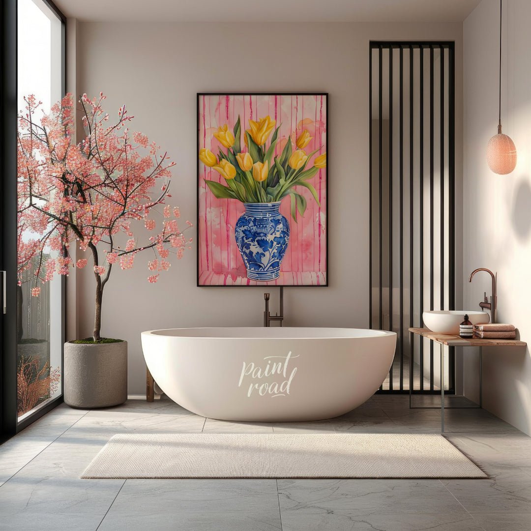 This charming watercolor painting features a bouquet of vibrant yellow tulips nestled in a classic … for bathroom