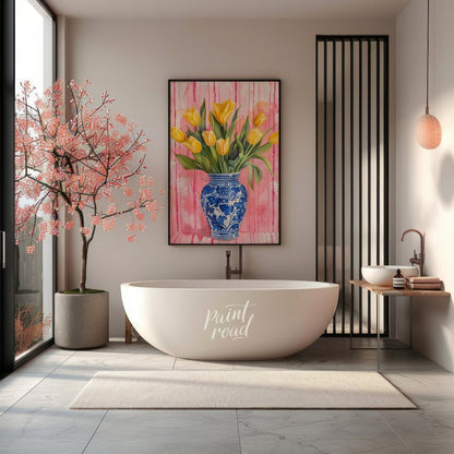 This charming watercolor painting features a bouquet of vibrant yellow tulips nestled in a classic … for bathroom
