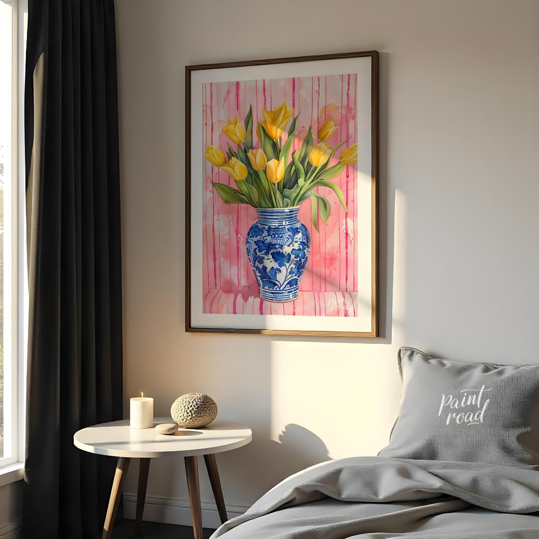 This charming watercolor painting features a bouquet of vibrant yellow tulips nestled in a classic … for bedroom