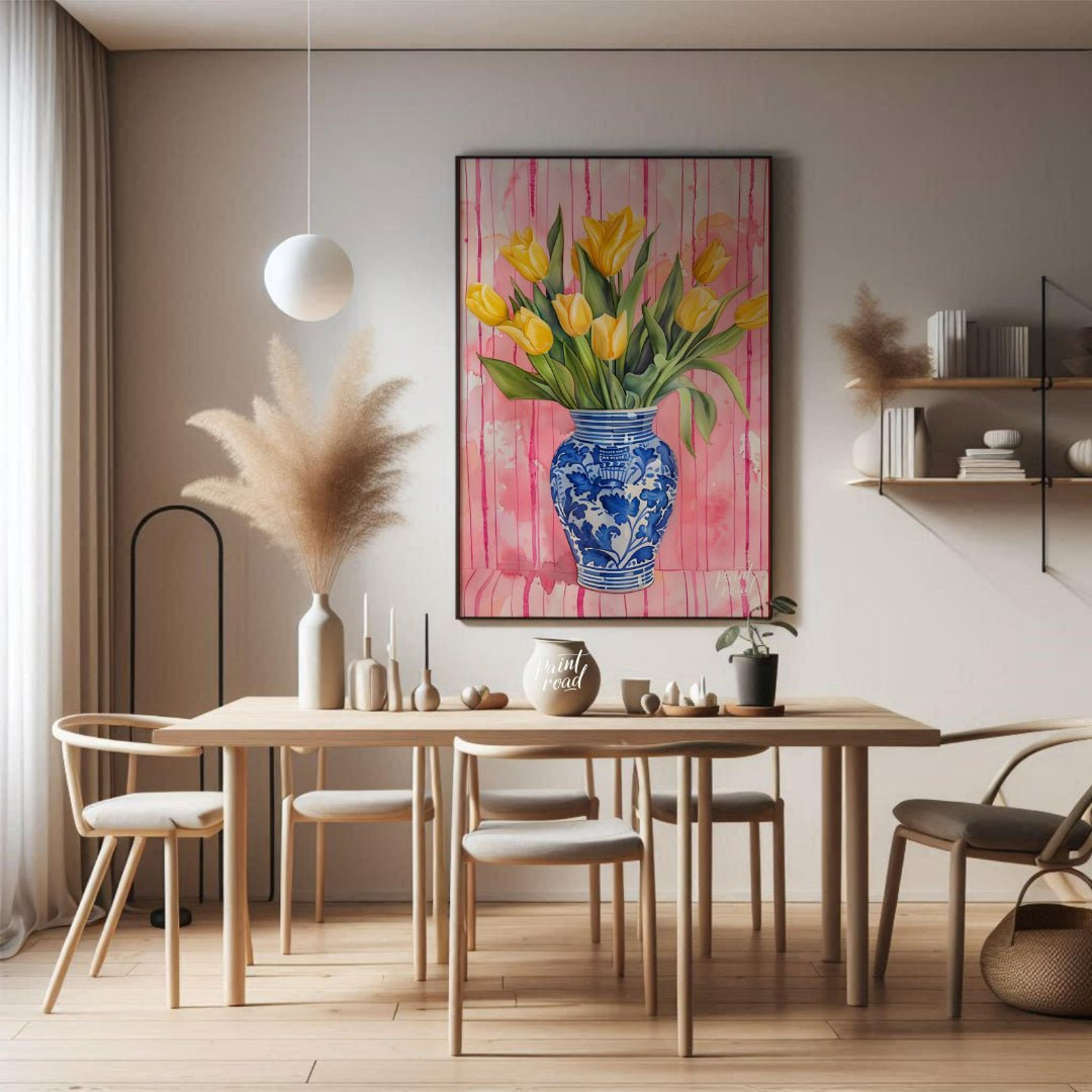This charming watercolor painting features a bouquet of vibrant yellow tulips nestled in a classic … for dining room