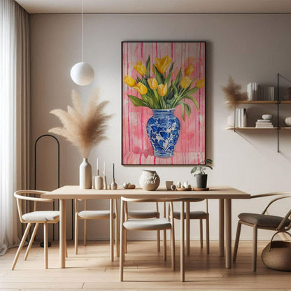 This charming watercolor painting features a bouquet of vibrant yellow tulips nestled in a classic … for dining room